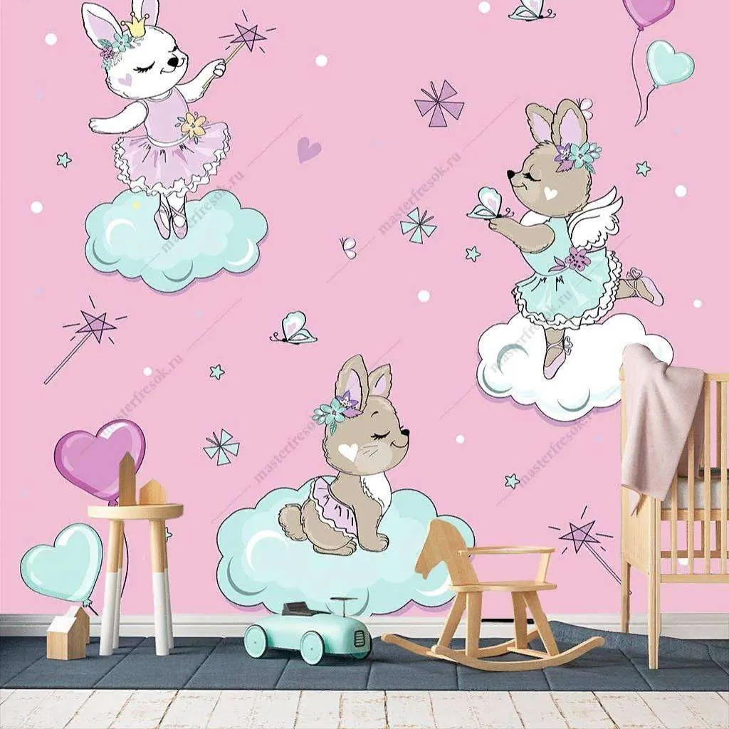 Фотообои в интерьере зверята на облаках на розовом фоне  12-419 фото