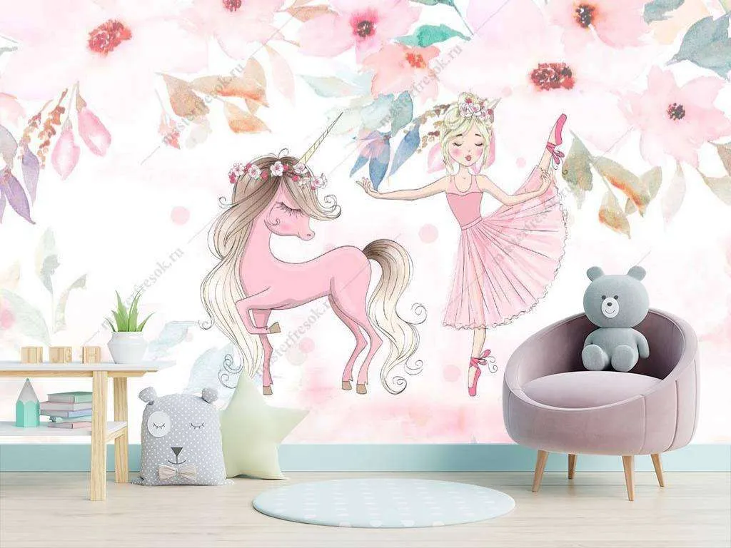 Фотообои в интерьере единорог и балерина  14-012 фото
