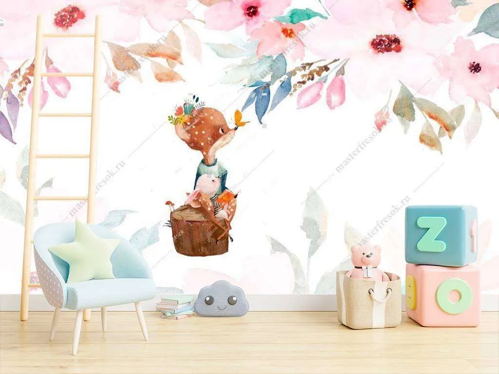 Фотообои в интерьере олененок и бабочка  14-016 фото