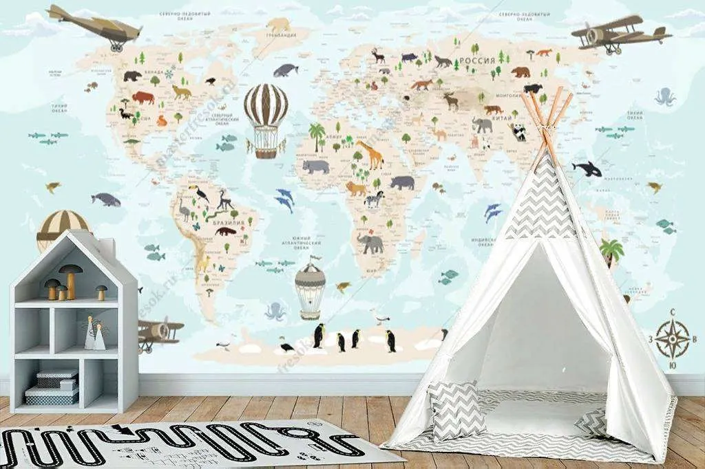 Фотообои в интерьере карта голубая в детскую  12-1007 фото