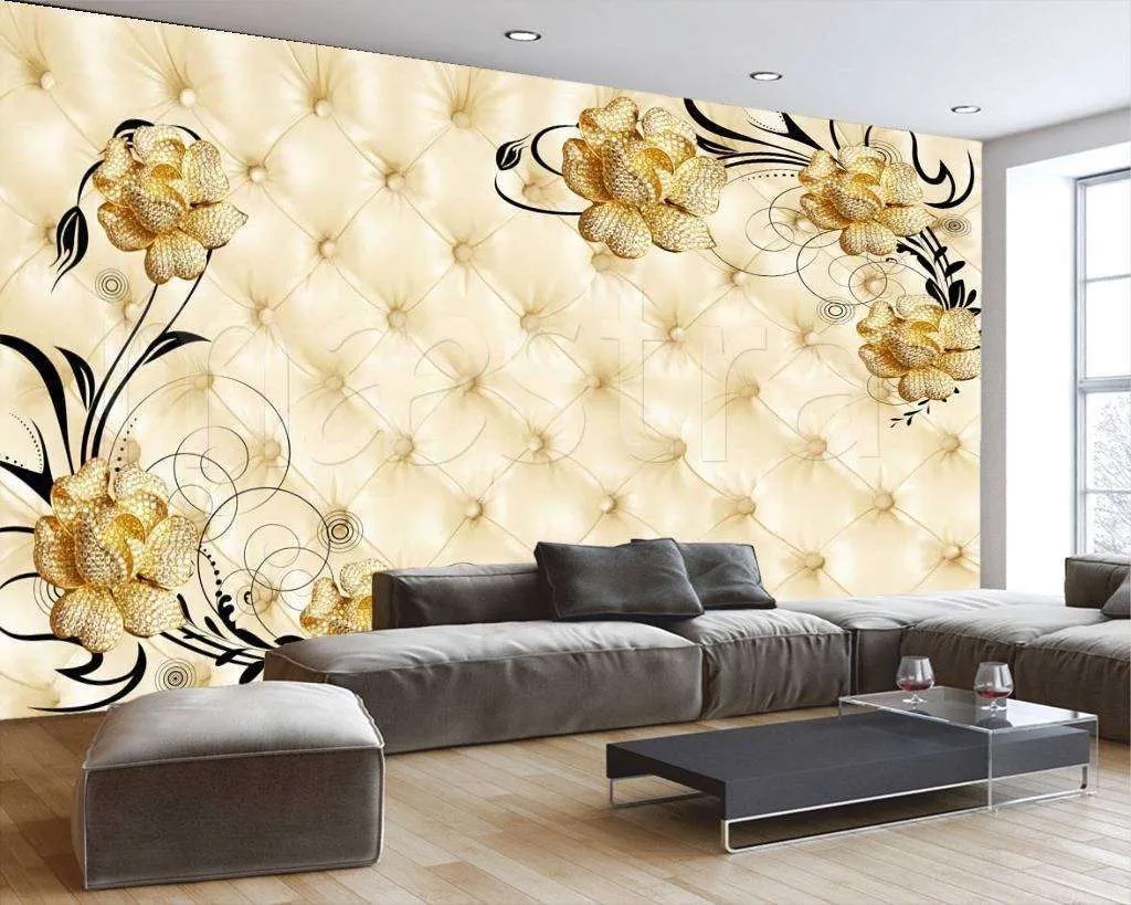 Фотообои в интерьере золотые цветы на 3д фоне  10-406 фото