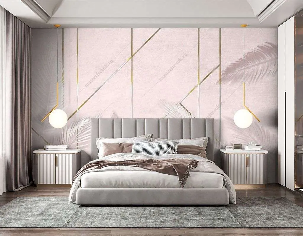 Фотообои в интерьере листья и геометрический рисунок  9-1847 фото