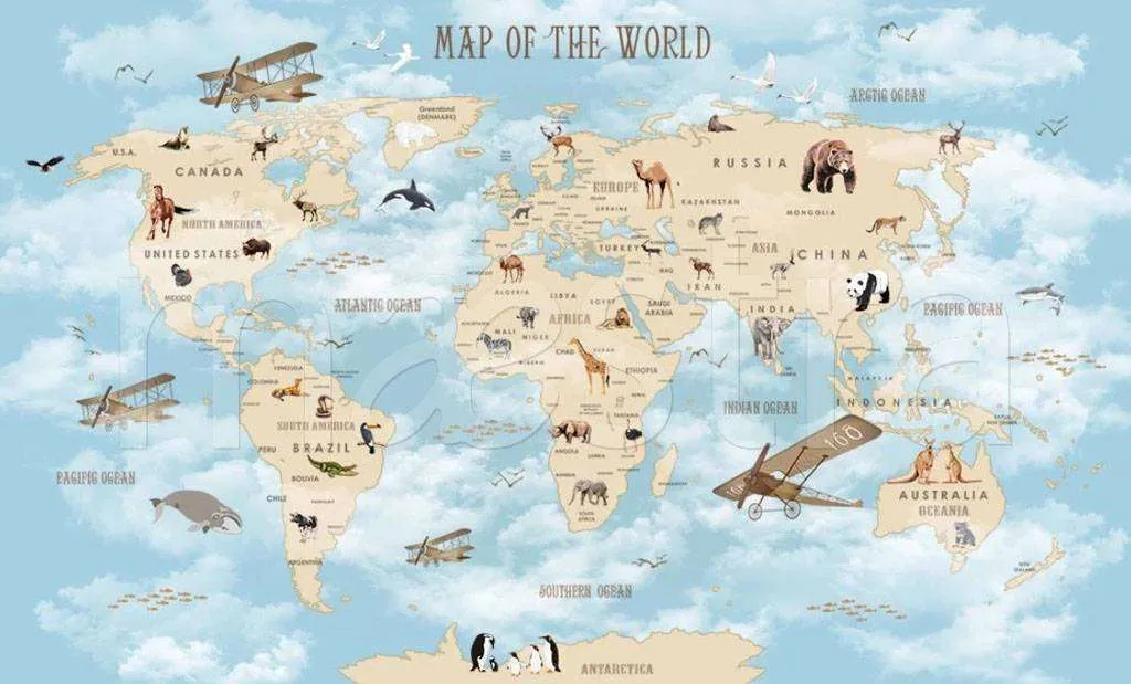 Фотообои в интерьере карта мира с животными и кораблями  15-093 фото