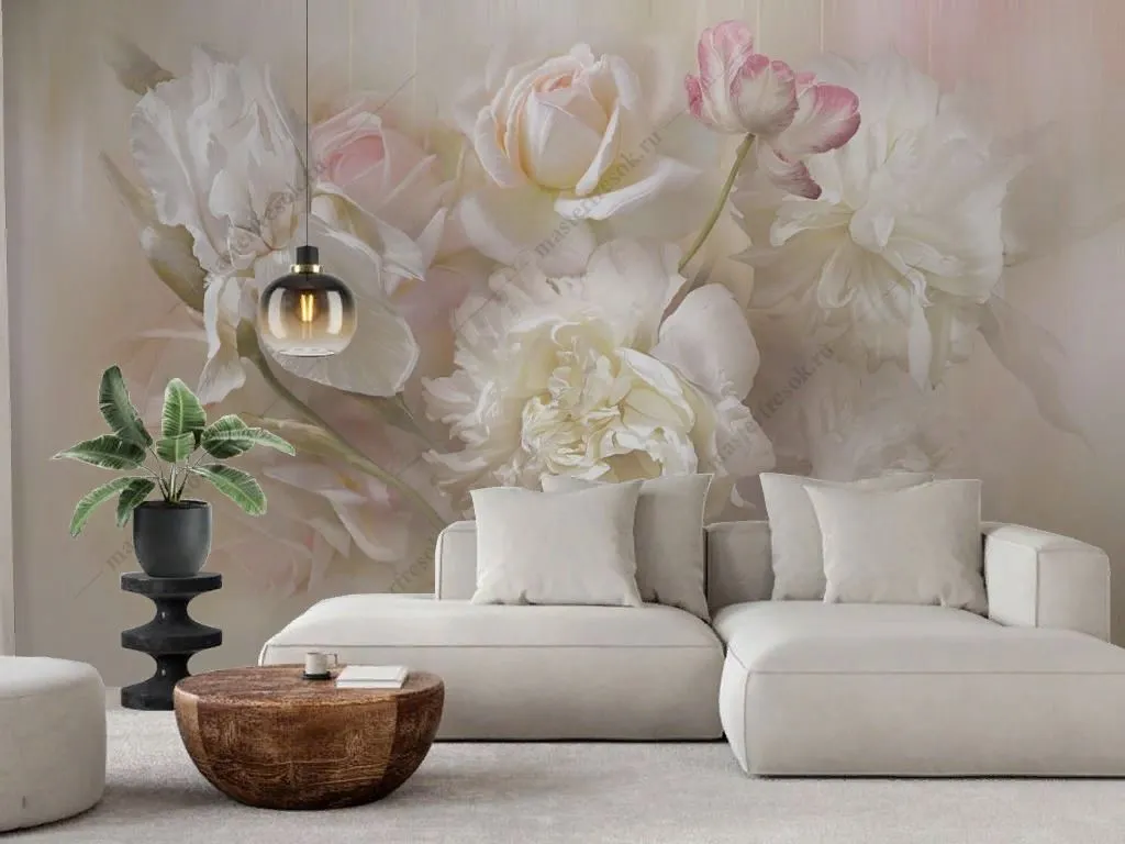 Фотообои в интерьере пионы и ирисы  13-644 фото