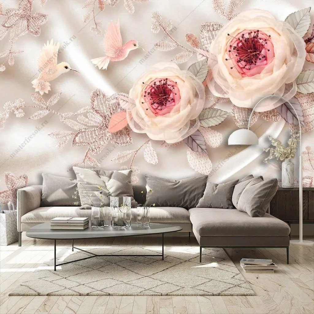 Фотообои в интерьере 3d розы и птицы  10-847 фото