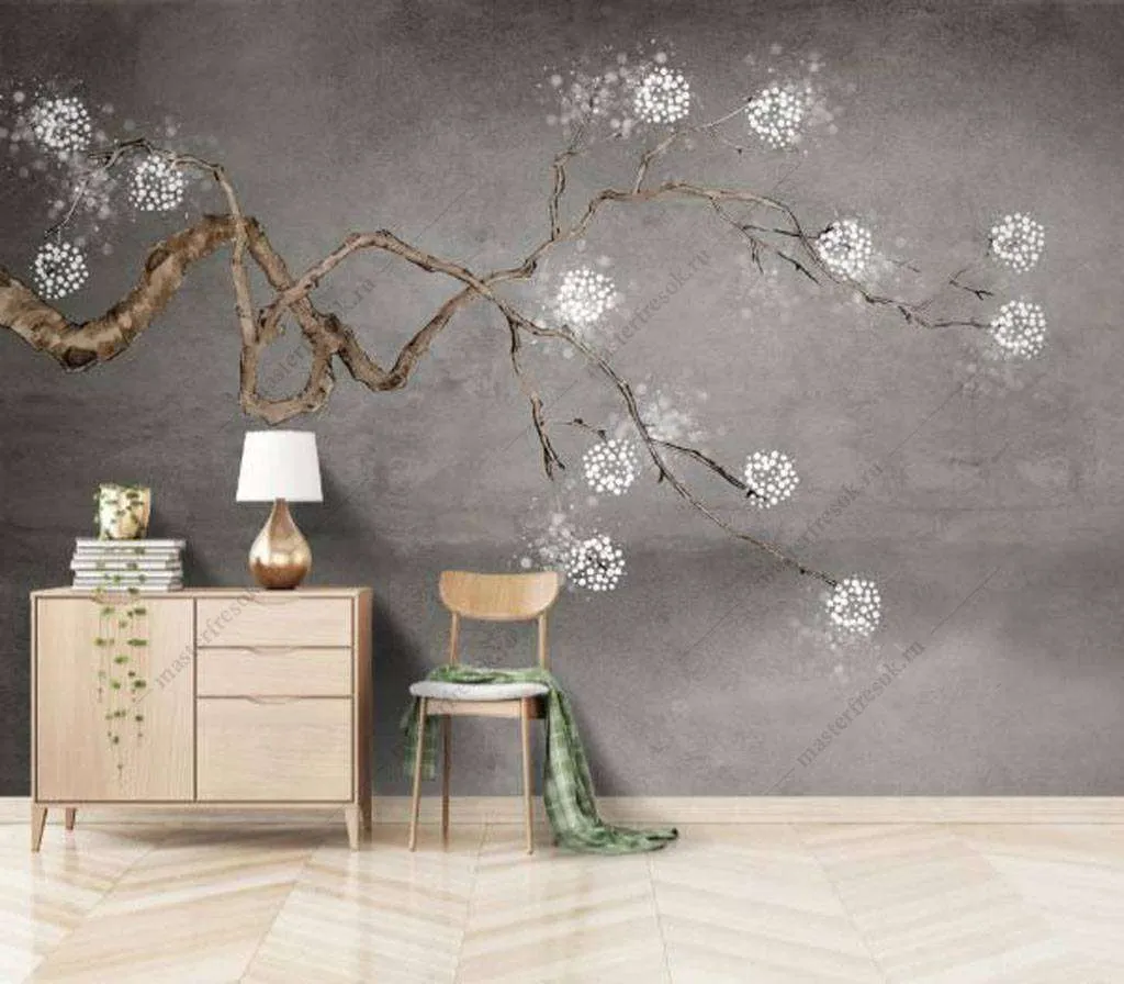 Фотообои в интерьере веточка с белыми цветами  15-897 фото