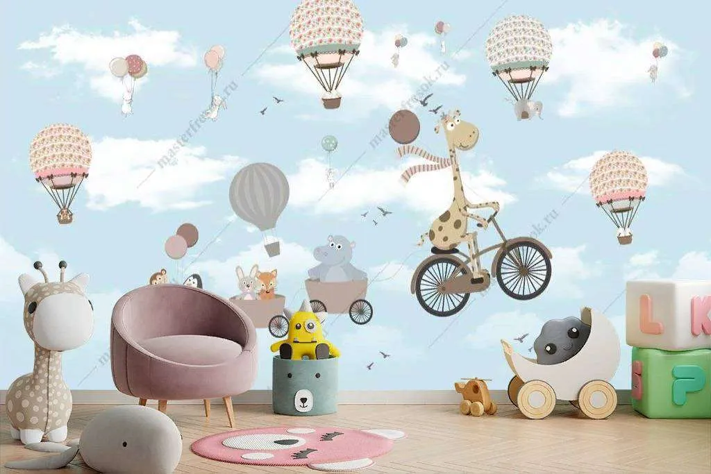 Фотообои в интерьере веселые зверята на велосипеде  12-1196 фото