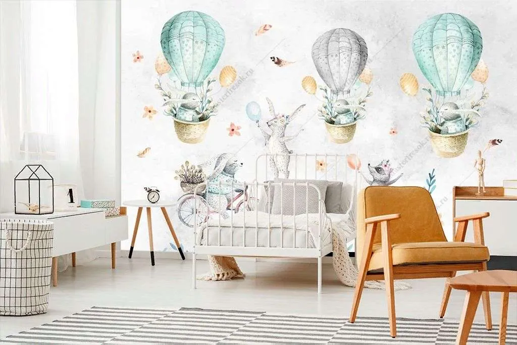Фотообои в интерьере зайчики на воздушном шаре  14-226 фото