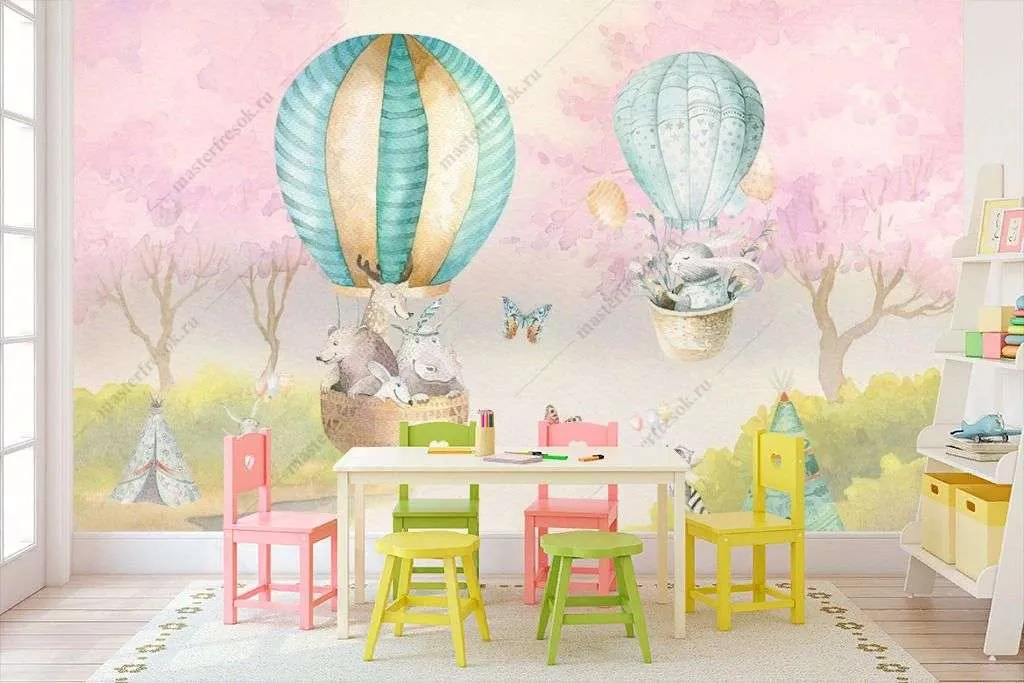 Фотообои в интерьере акварельный лес с животными на воздушных шарах  14-315 фото