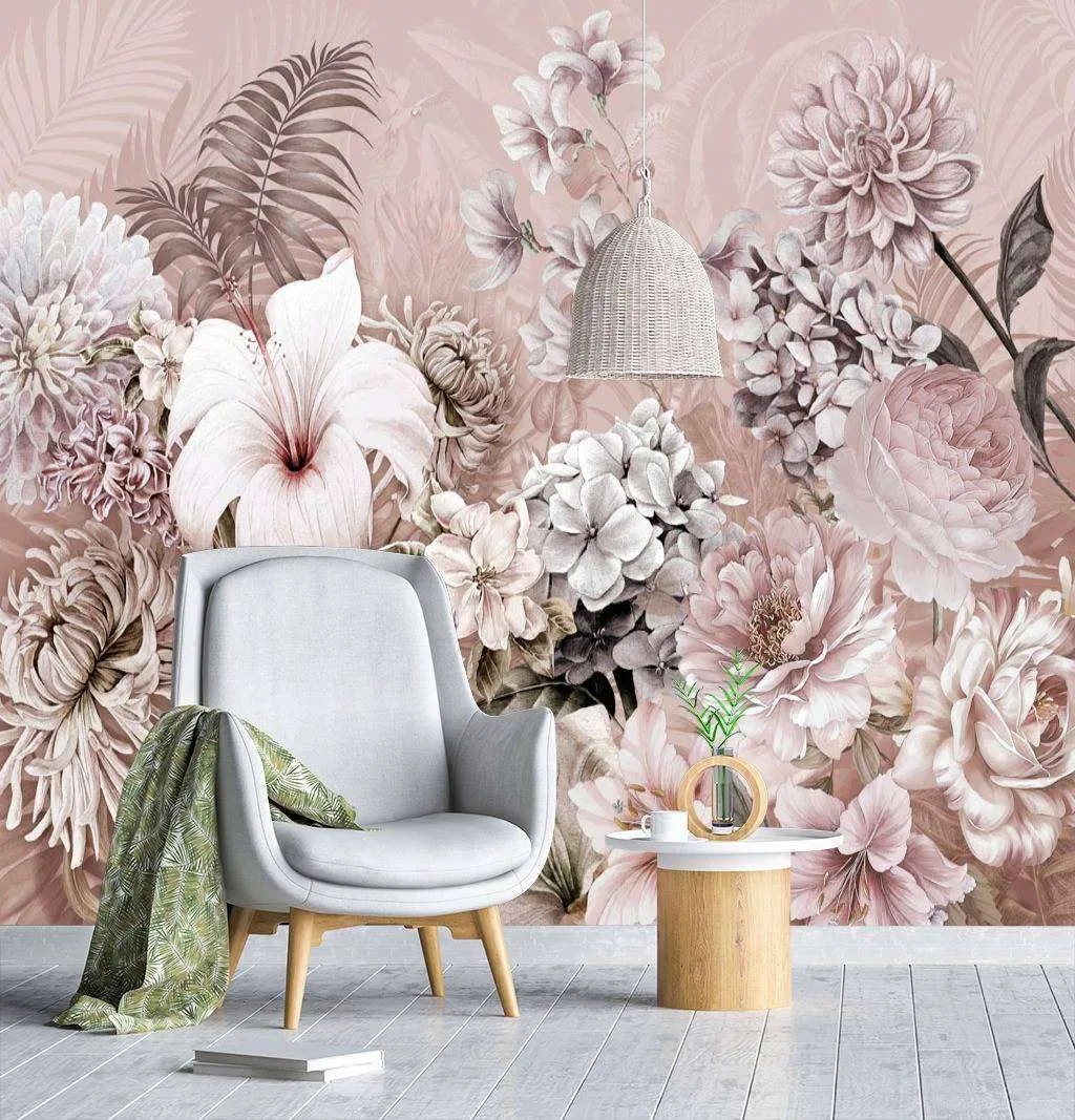 Фотообои в интерьере нежные цветы на розовом фоне  13-068 фото