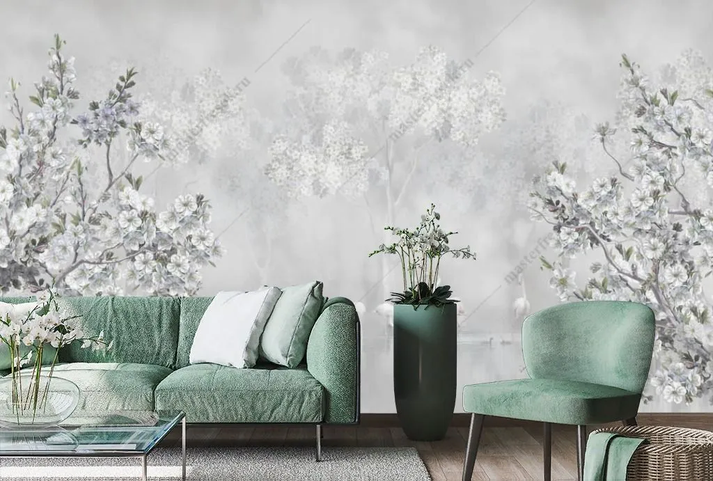 Фотообои Цветущее дерево у озера  13-356