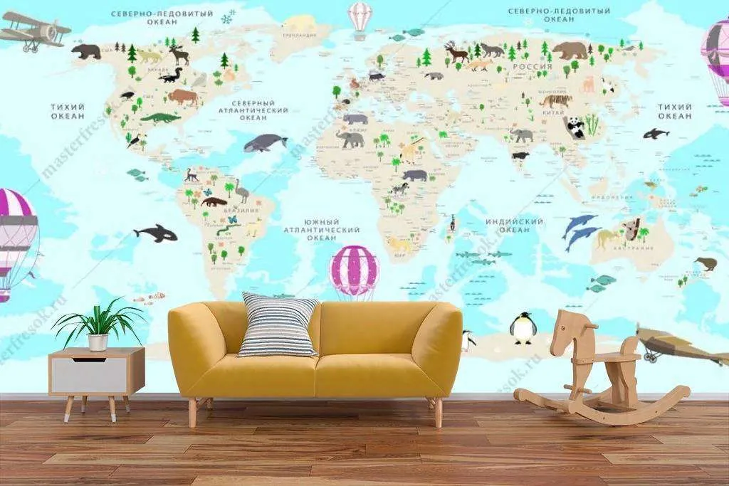 Фотообои в интерьере большая голубая карта  14-171 фото