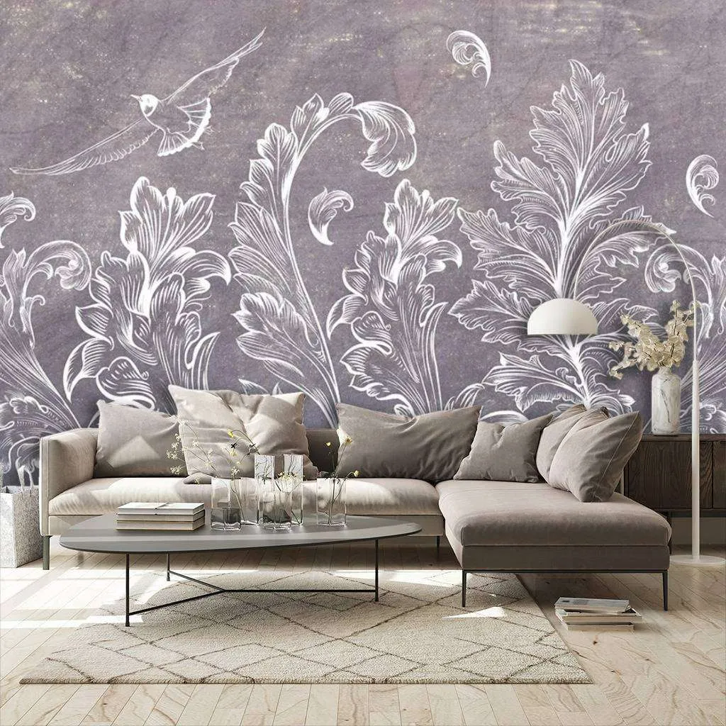 Фотообои в интерьере 3д узор белые листья  15-470 фото