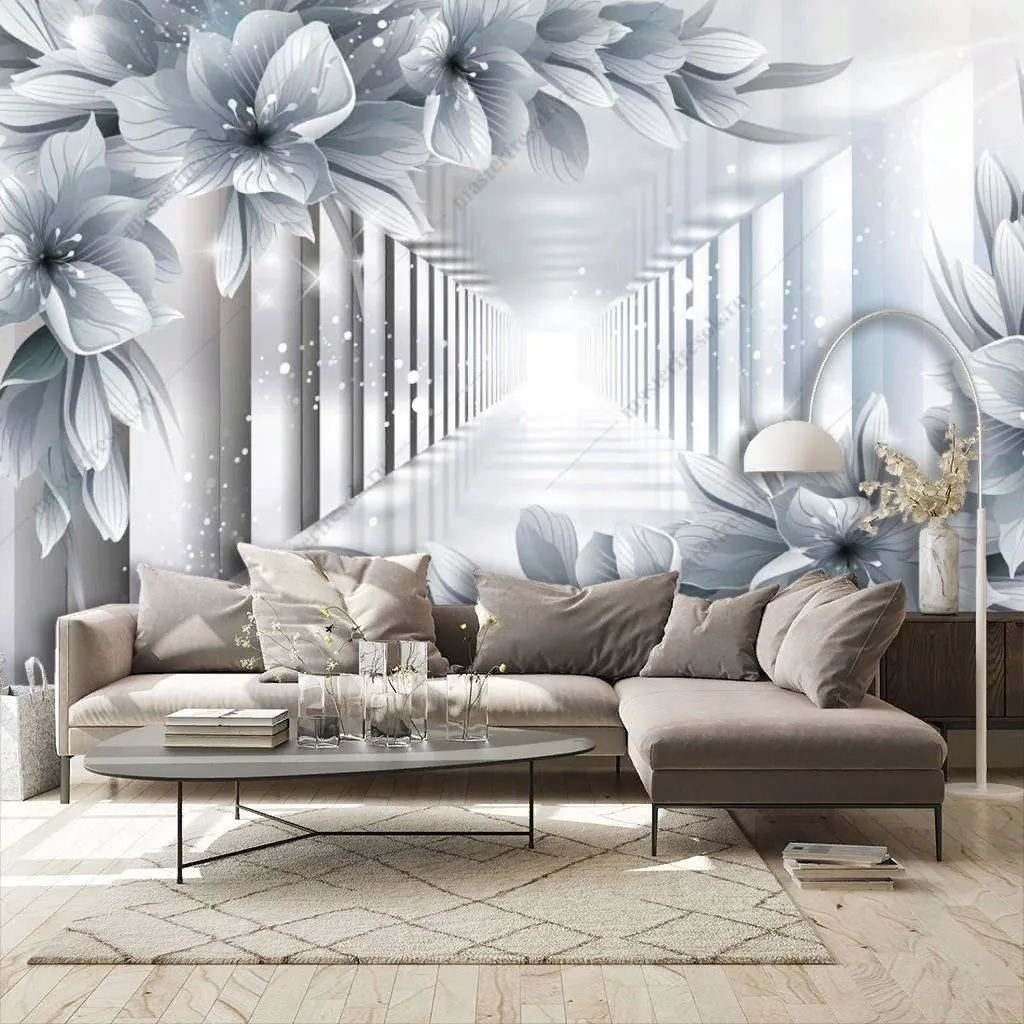 Фотообои в интерьере 3д белые цветы в тоннеле  10-852 фото