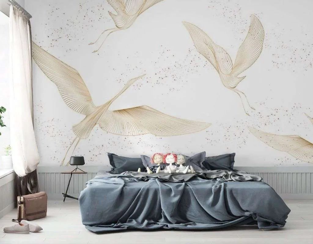 Фотообои в интерьере журавли золотистые летят  9-2103 фото