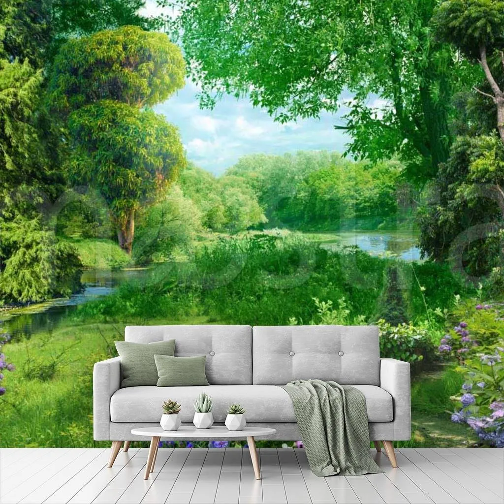 Фотообои в интерьере лиственный лес с цветами  7-289 фото