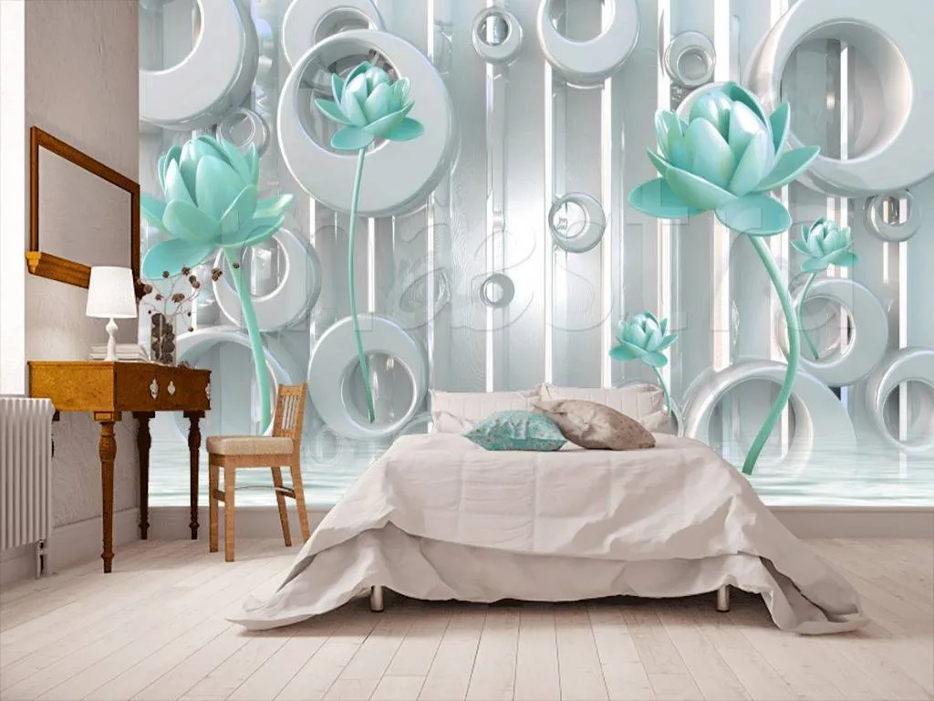 Фотообои в интерьере бирюзовые цветы  10-587 фото