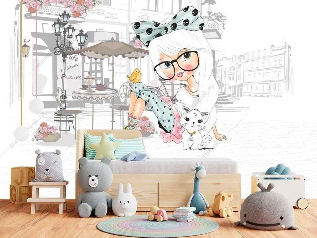 Фотообои в интерьере модная девочка в кафе  14-274 фото
