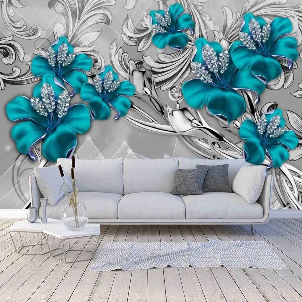 Фотообои в интерьере 3д драгоценные цветы  10-854 фото