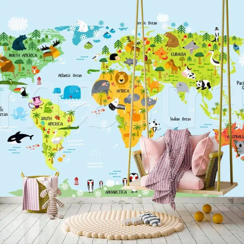 Фотообои Красочная детская карта на голубом фоне со странами  12-392