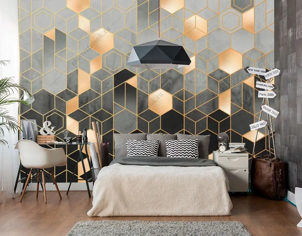 Фотообои в интерьере геометрия шестиугольники с золотом  9-1510 фото