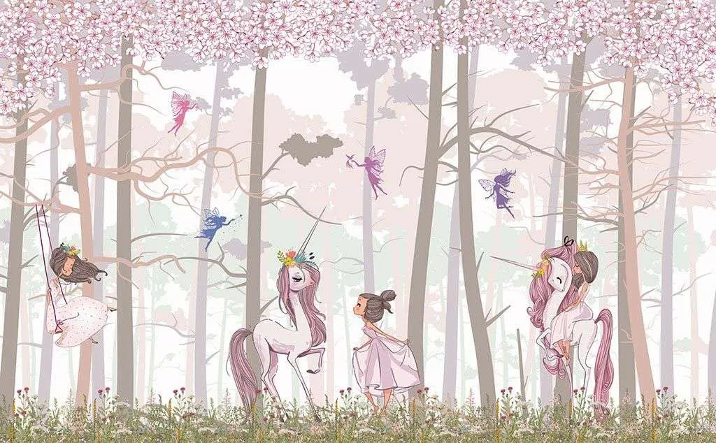 Фотообои в интерьере принцесса и единорог в лесу  14-313 фото