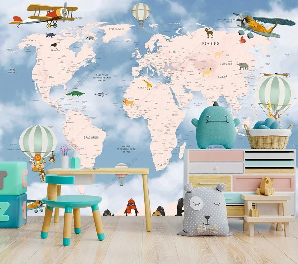Фотообои в интерьере карта мира с пингвинятами  14-628 фото