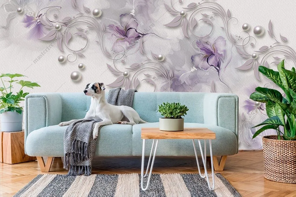 Фотообои в интерьере 3д цветы фиолетовые нежные  10-928 фото