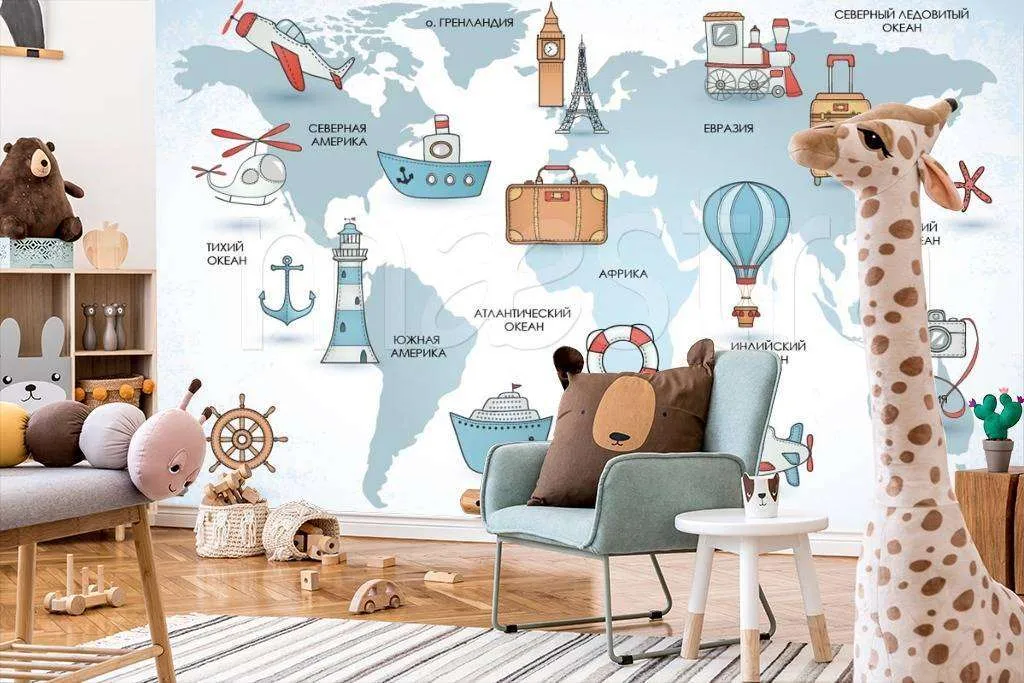 Фотообои в интерьере детская карта на голубом фоне  12-390 фото