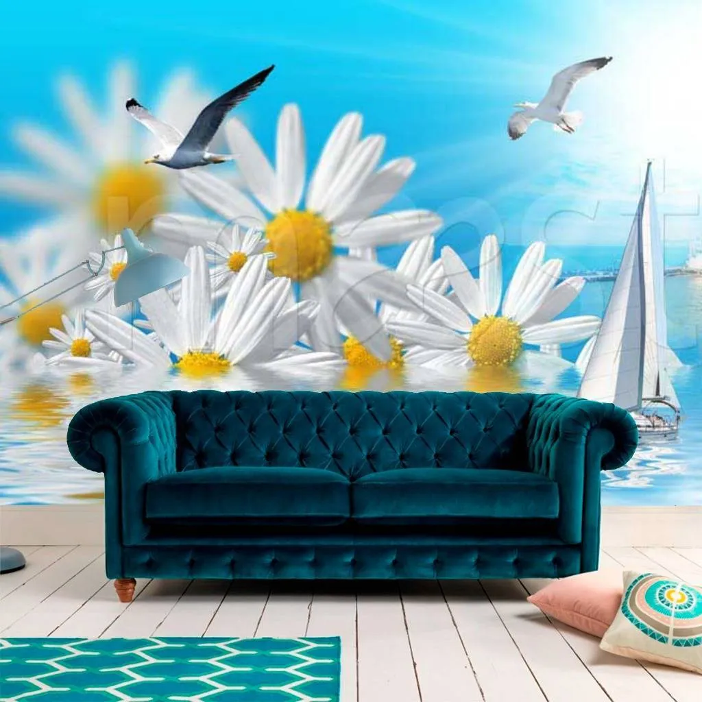 Фотообои в интерьере белые ромашки на голубом  7-103 фото