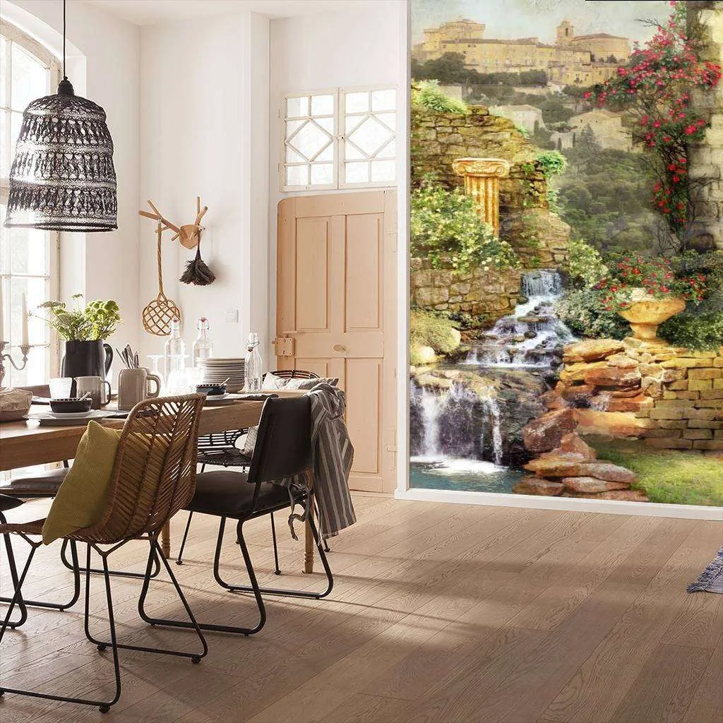 Фотообои в интерьере водопад у старинного города  11-072 фото