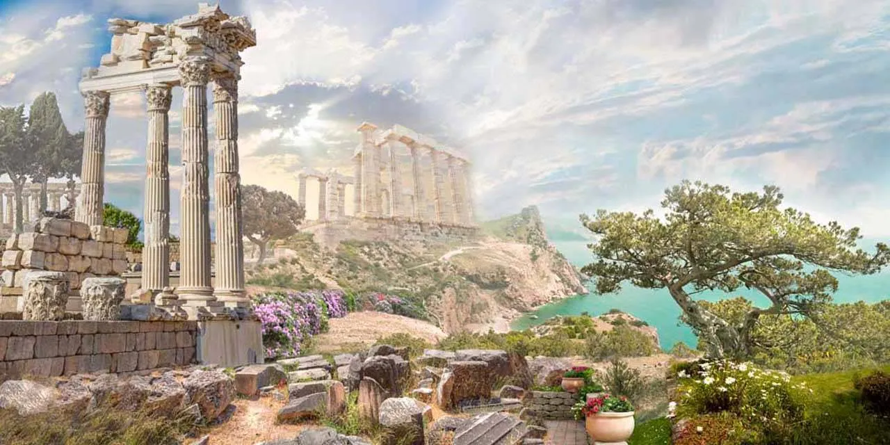 Фотообои в интерьере развалины древнего города на берегу залива  5-013 фото