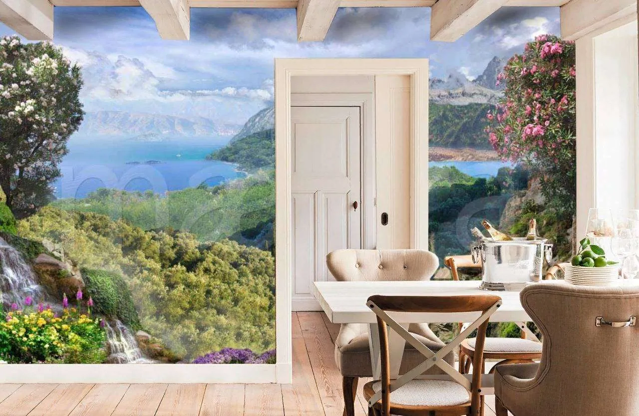 Фотообои в интерьере горный пейзаж с морем  7-085 фото