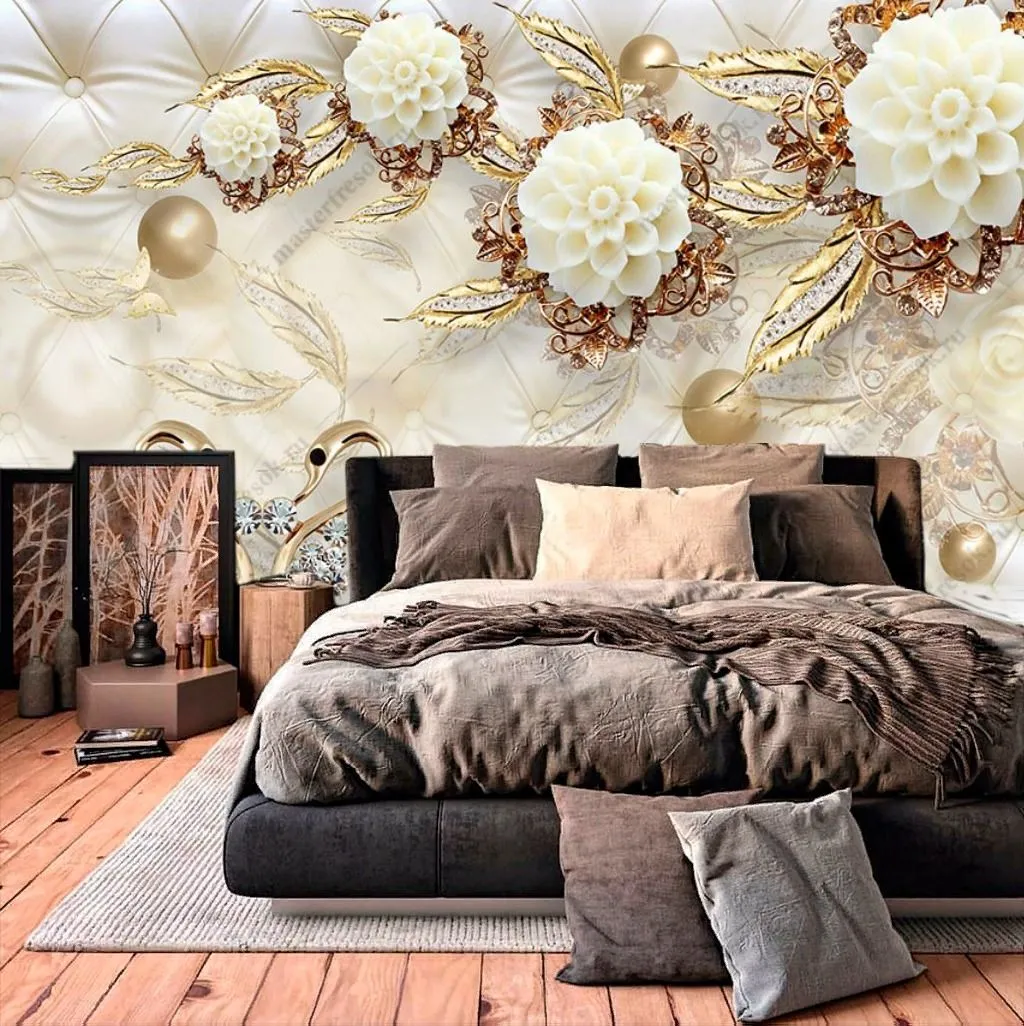 Фотообои в интерьере 3д цветы золотые  10-897 фото