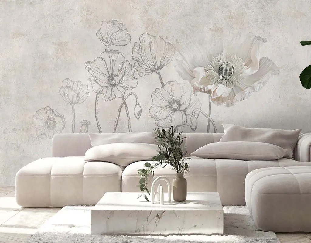 Фотообои в интерьере в гостиную маки на каменной стене   13-663 фото