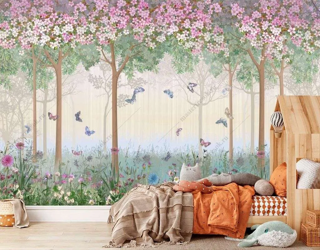 Фотообои в интерьере волшебный лес с бабочками  12-1504 фото