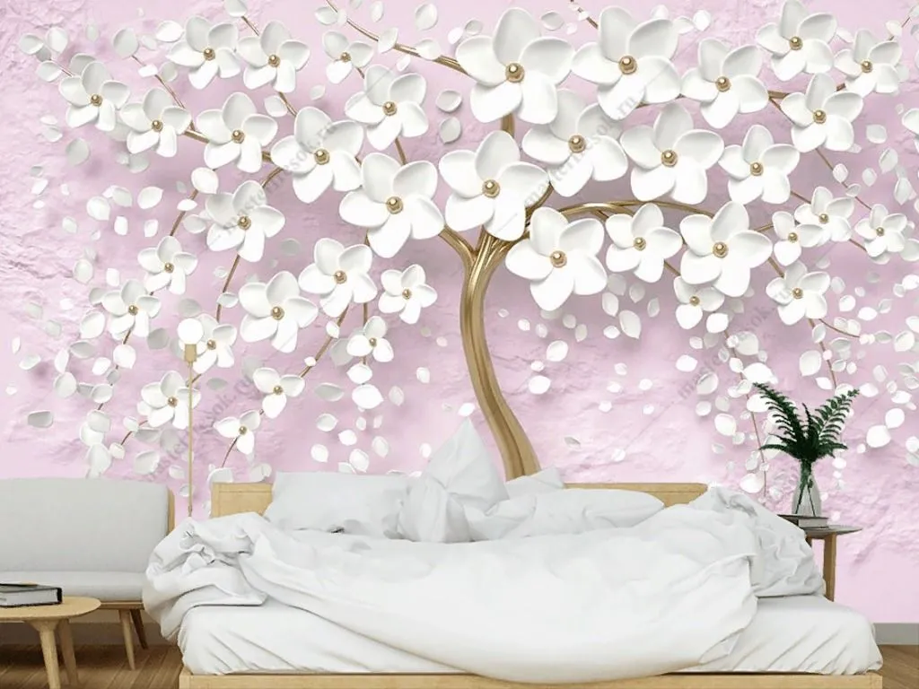 Фотообои в интерьере 3д дерево с белыми цветочками  10-889 фото