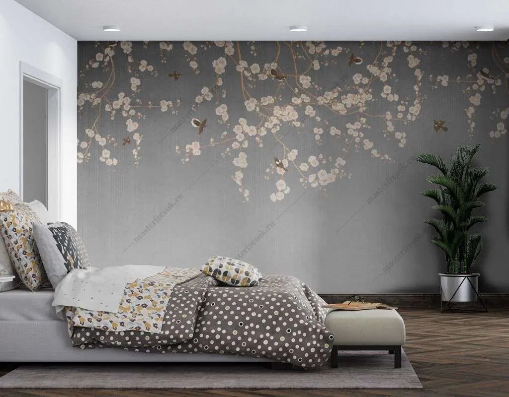 Фотообои в интерьере веточка сакуры и птицы  9-1481 фото