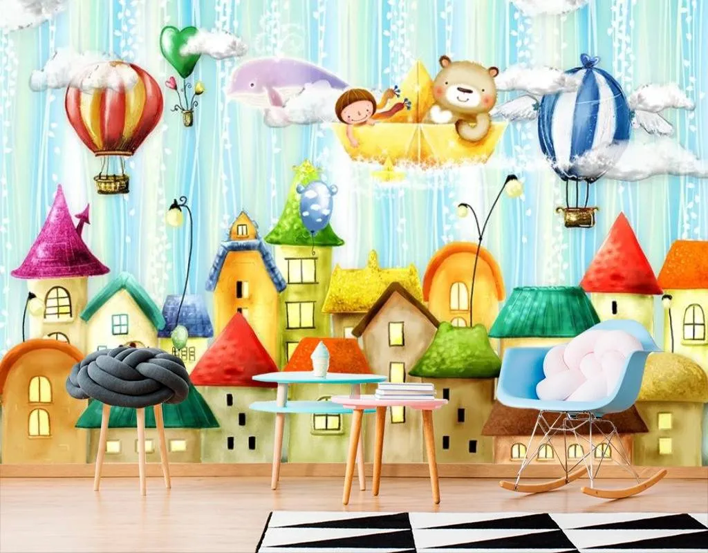 Фотообои в интерьере воздушные шары над домиками  15-310 фото