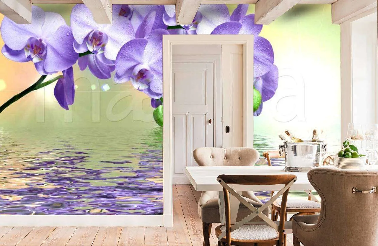 Фотообои Сиреневая орхидея на зеленом фоне над водой  10-216