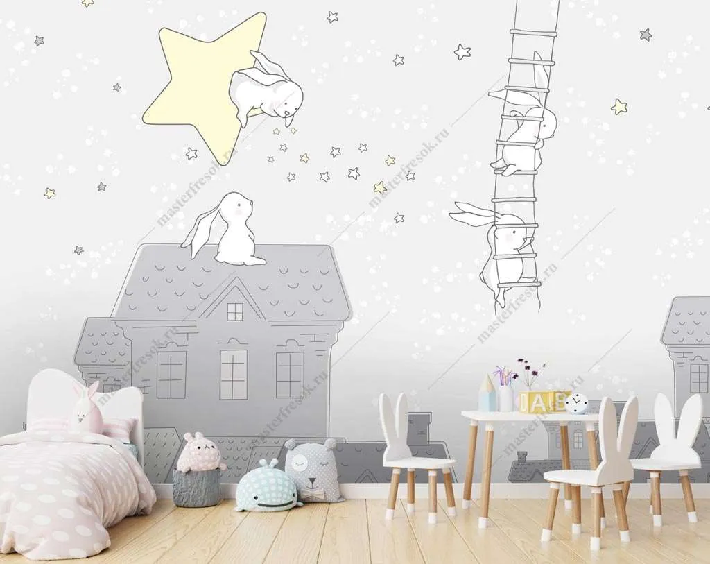 Фотообои в интерьере зайчики на домиках  14-218 фото