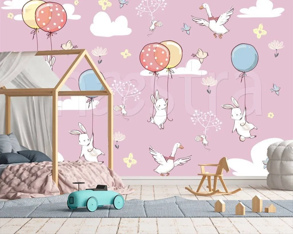 Фотообои Птицы и кролики в облаках на воздушных шарах  12-402