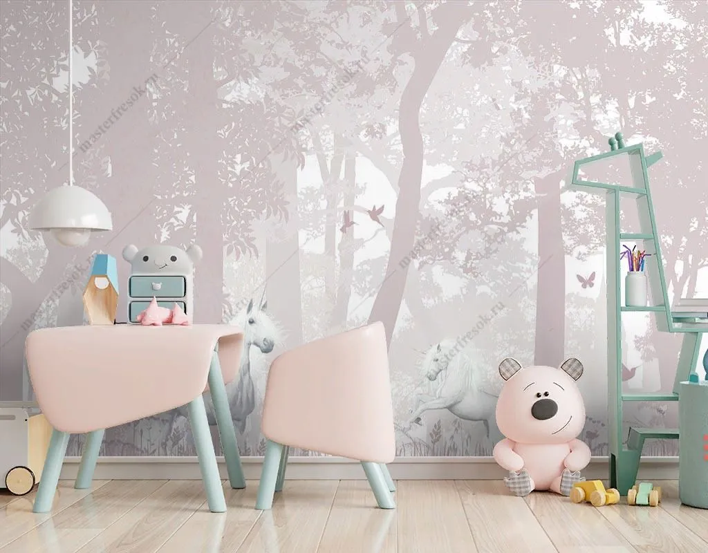 Фотообои Белые единороги в лесу для девочки  12-1532