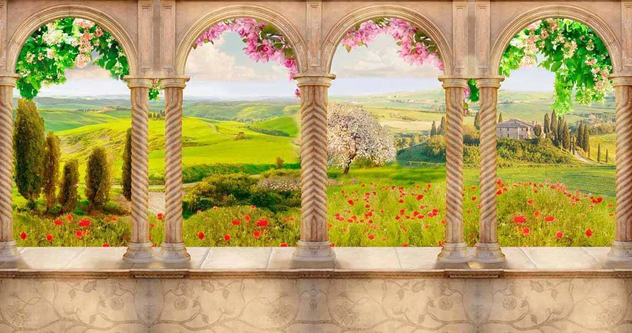 Фотообои в интерьере арка на террасе с видом на луг  7-157 фото