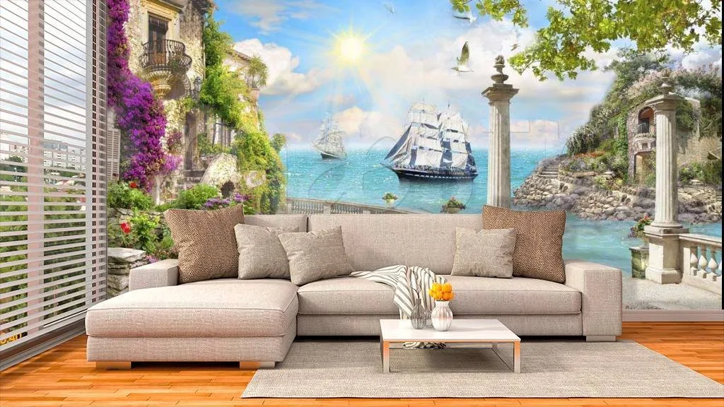 Фотообои в интерьере набережная с видом на парусник в море  7-099 фото