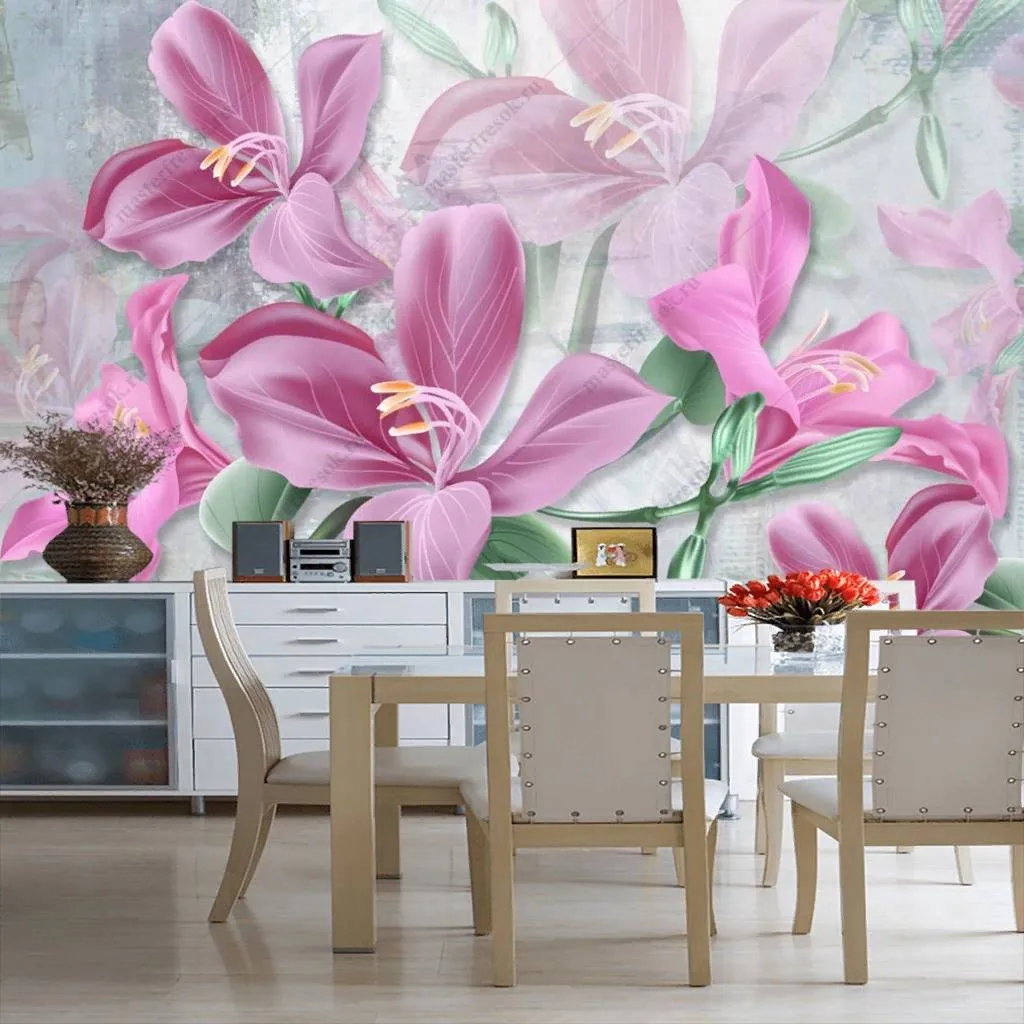 Фотообои в интерьере 3д ярко розовые лилии  10-859 фото