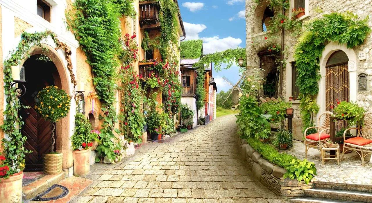 Фотообои в интерьере улочка с арочными дверьми  19-0010 фото