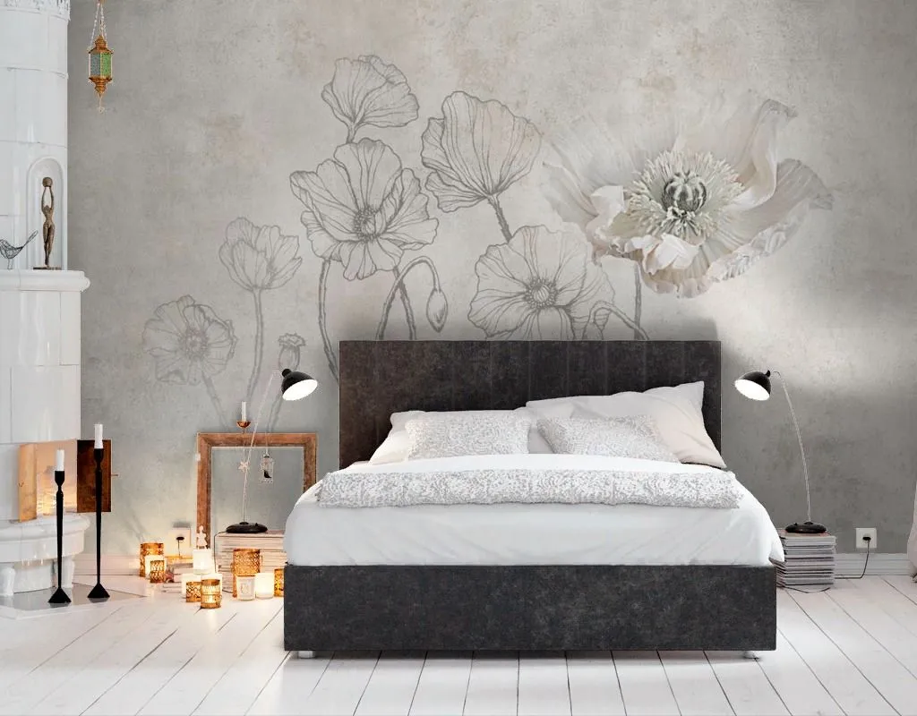 Фотообои в гостиную маки на каменной стене   13-663