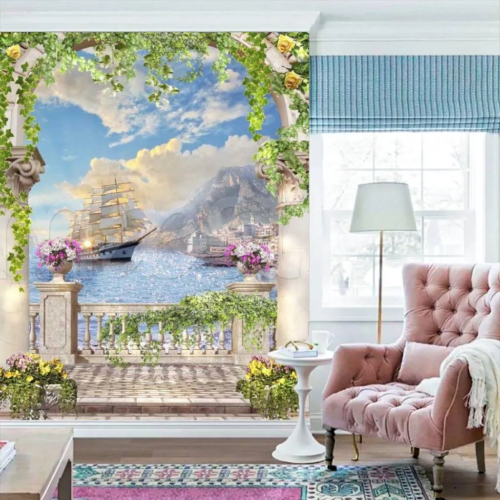 Фотообои в интерьере пространство балкона с аркой и цветами  7-102 фото