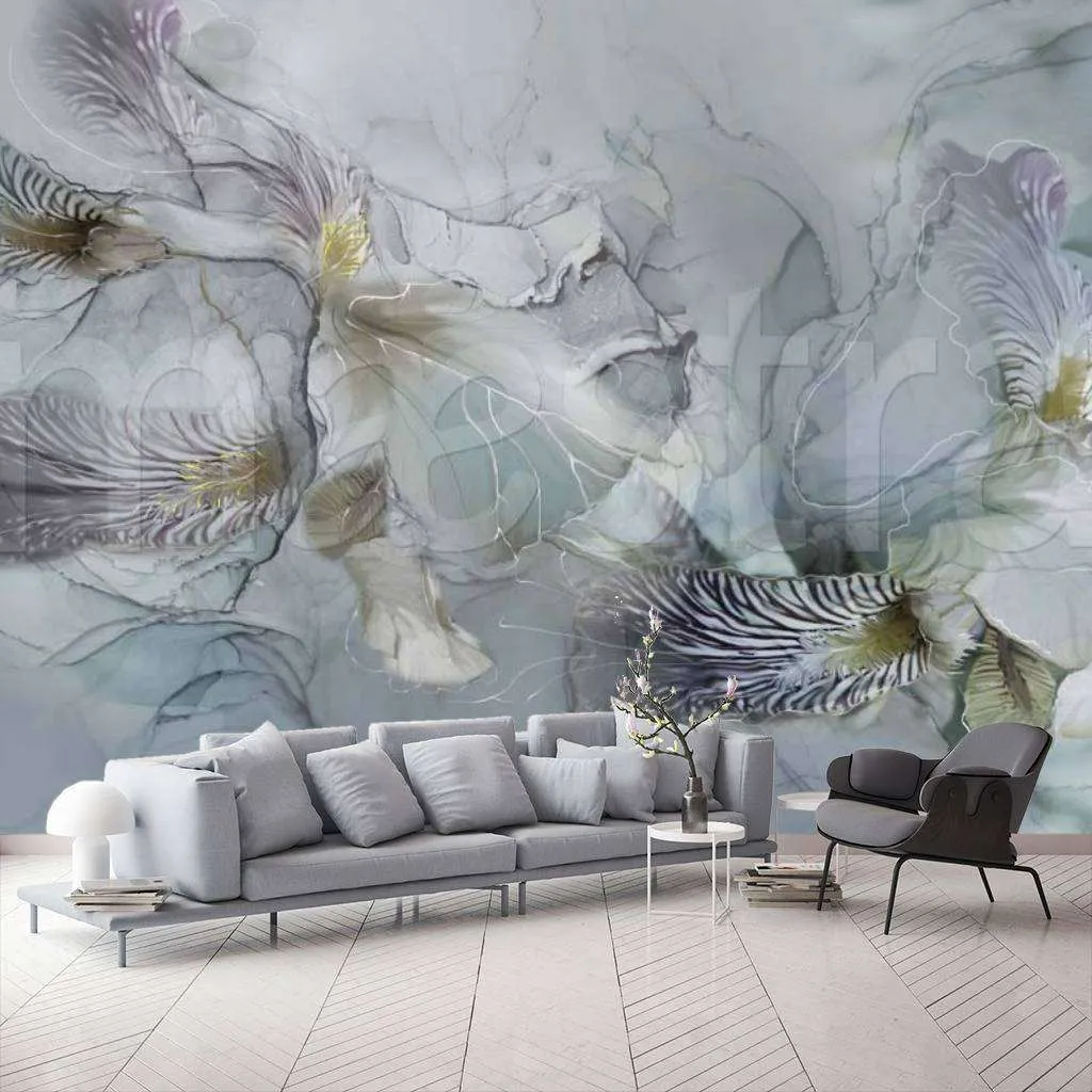 Фотообои в интерьере листья абстрактного типа в светлых тонах  7-858 фото